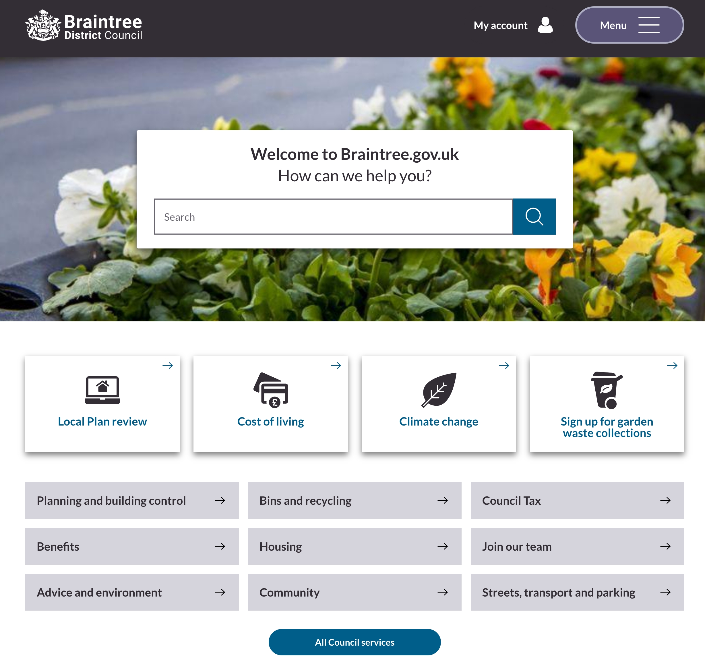 Screenshot of the Braintree District Council website